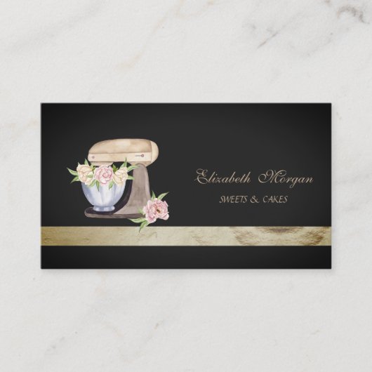 Elegante zwarte bakkerij mixer bloemen visitekaartje (Voorkant)
