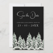 Elegante Zwarte Besneeuwde Dennen Huwelijk Save The Date (Voorkant)