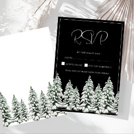 Elegante Zwarte Besneeuwde Dennenbos Huwelijks RSV RSVP Kaartje
