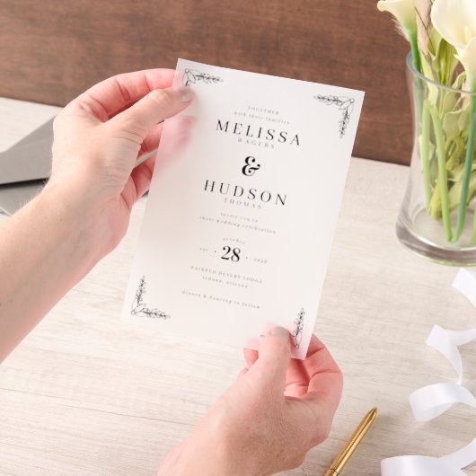 Elegante Zwarte Blad Bewegingen Vellum Uitnodigingen (Draagbaar)