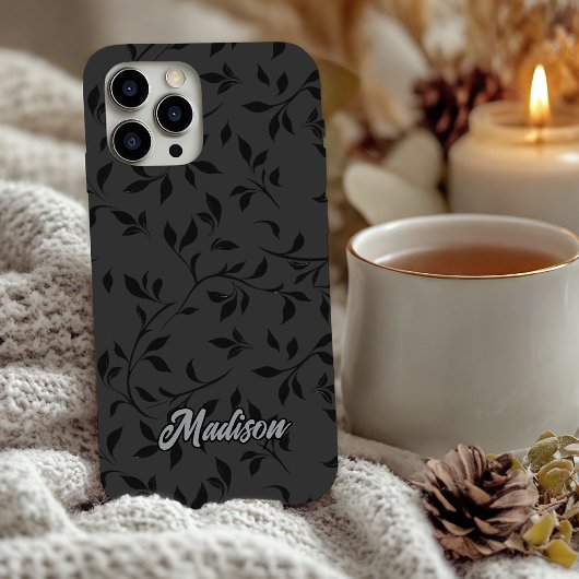 Elegante zwarte bladeren grijze monogram Case-Mate iPhone case