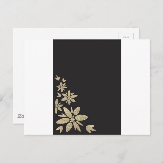 Elegante zwarte blanco uitnodiging met gouden bloe (Voorkant / Achterkant)