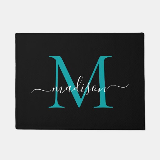 Elegante zwarte Blauwgroen aangepaste monogram scr Deurmat (Voorkant)