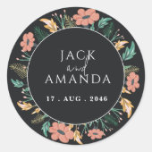 Elegante zwarte bloeiende bloem bruiloft stickers (Voorkant)