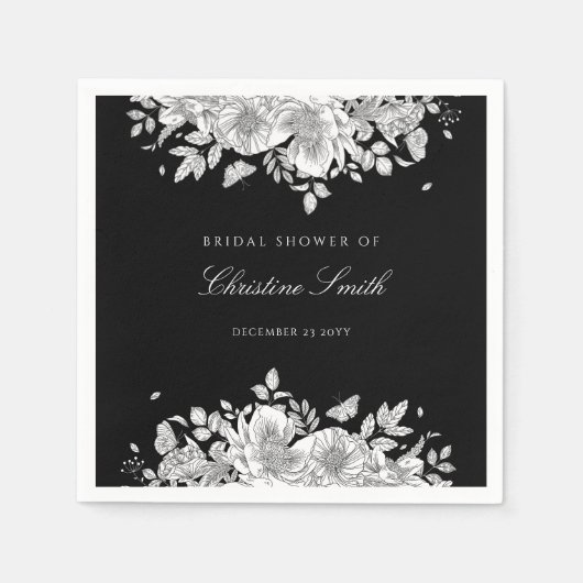 Elegante zwarte bloem bruidsaai servetten (Voorkant)
