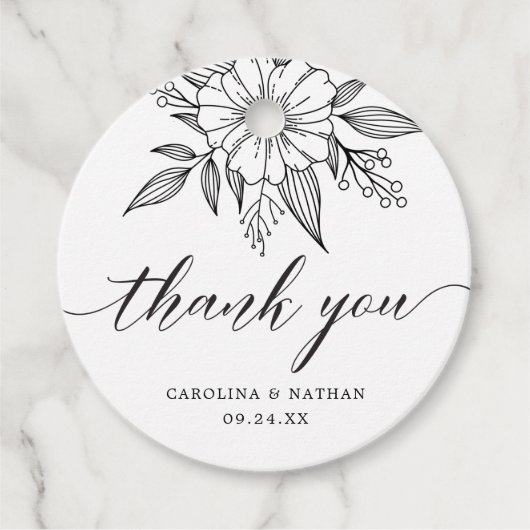Elegante zwarte bloem bruiloft bedankkaart bedankjes labels (Voorkant)