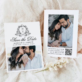 Elegante Zwarte Bloem Crest Monogram Foto Huwelijk Save The Date