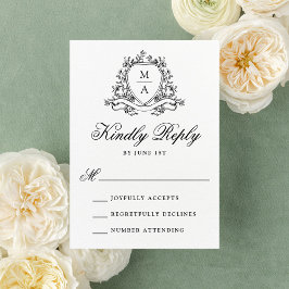 Elegante Zwarte Bloem Crest Monogram Trouwdag RSVP Kaartje