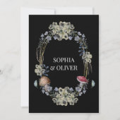 Elegante zwarte bloem en paddenstoel krans bruilof kaart (Voorkant)