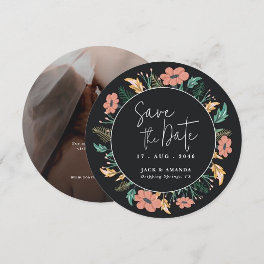 Elegante Zwarte Bloem Fotobruiloft Bewaar de datum Feestdagenkaart (Voorkant / Achterkant)