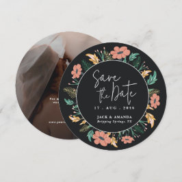 Elegante Zwarte Bloem Fotobruiloft Bewaar de datum Feestdagenkaart