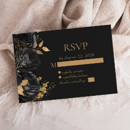 Elegante zwarte bloem goud donkere bruiloft RSVP kaartje