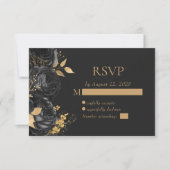 Elegante zwarte bloem goud donkere bruiloft RSVP kaartje (Voorkant)