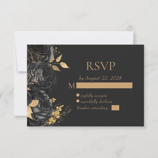 Elegante zwarte bloem goud donkere bruiloft RSVP kaartje (Voorkant)