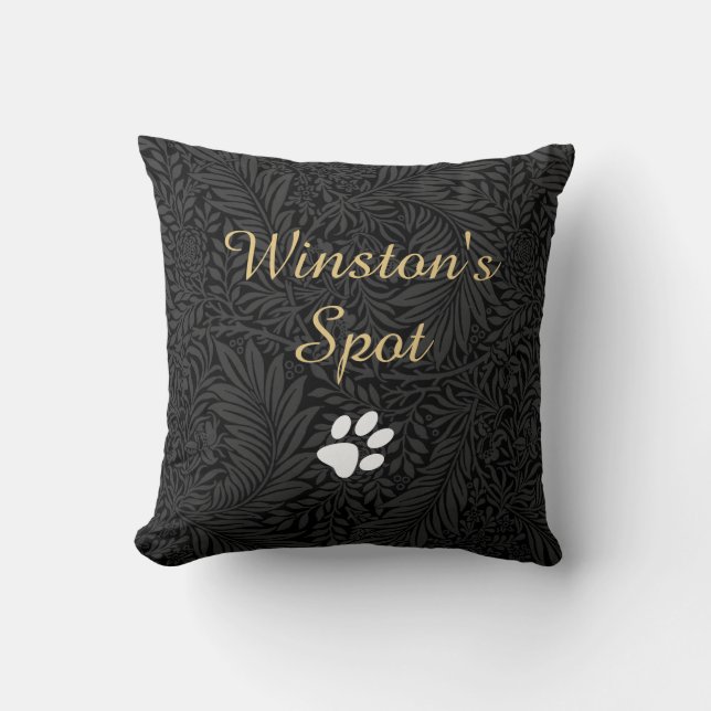 Elegante Zwarte Bloem Gouden Script Huisdier Naam Kussen (Voorkant)