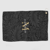 Elegante Zwarte Bloem Gouden Script Monogram Golfhanddoek (Horizontaal)
