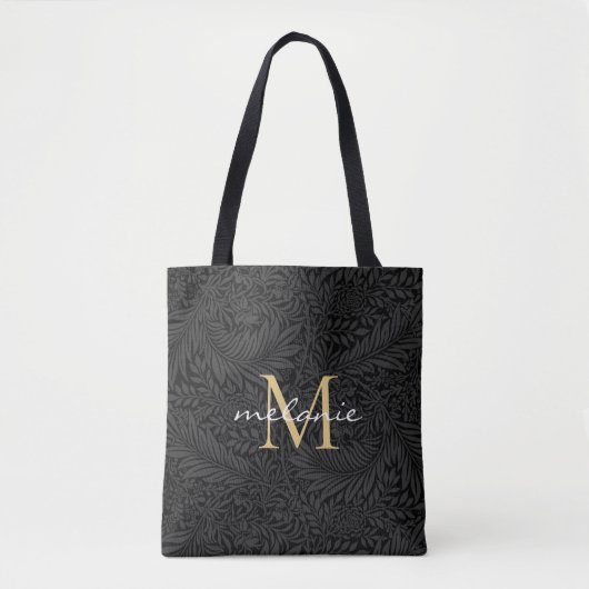 Elegante Zwarte Bloem Gouden Script Monogram Tote Bag (Voorkant)