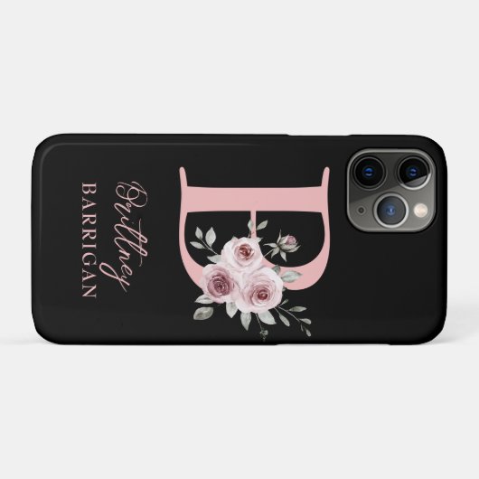 Elegante Zwarte Bloem Monogram Case-Mate iPhone Case (Achterkant (horizontaal))
