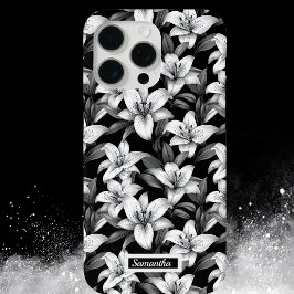 Elegante zwarte bloem patroon telefoonhoesje iPhone 15 pro max hoesje