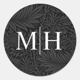 Elegante Zwarte Bloem Witte Monogram Huwelijk Ronde Sticker