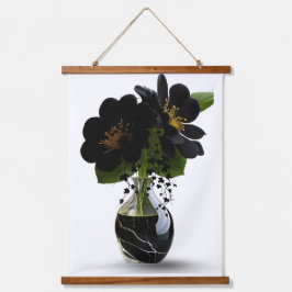 Elegante zwarte bloemboeket in marmeren vaas. hangend wandkleed