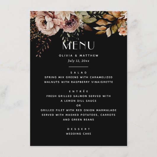 Elegante zwarte bloemen bruiloft | Dark Herfst Boh Menu (Voorkant)