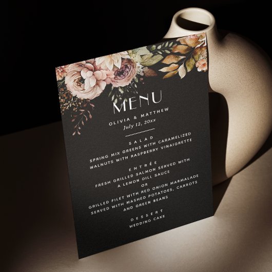 Elegante zwarte bloemen bruiloft | Dark Herfst Boh Menu