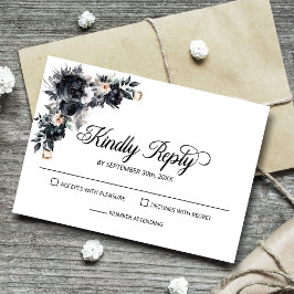 Elegante zwarte bloemen bruiloft RSVP Kaartje