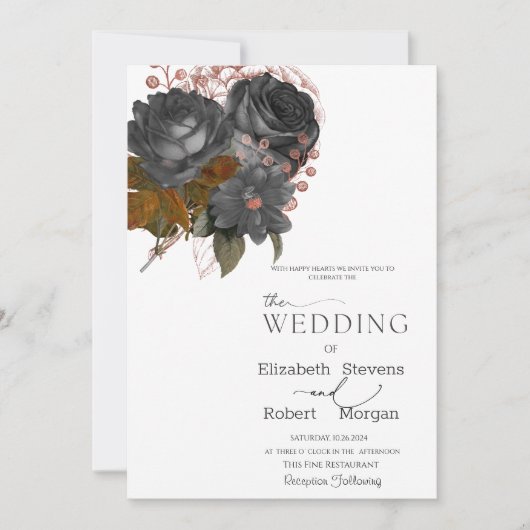 Elegante zwarte bloemen bruiloft uitnodiging (Voorkant)