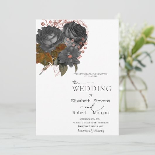 Elegante zwarte bloemen bruiloft uitnodiging (Staand voorkant)