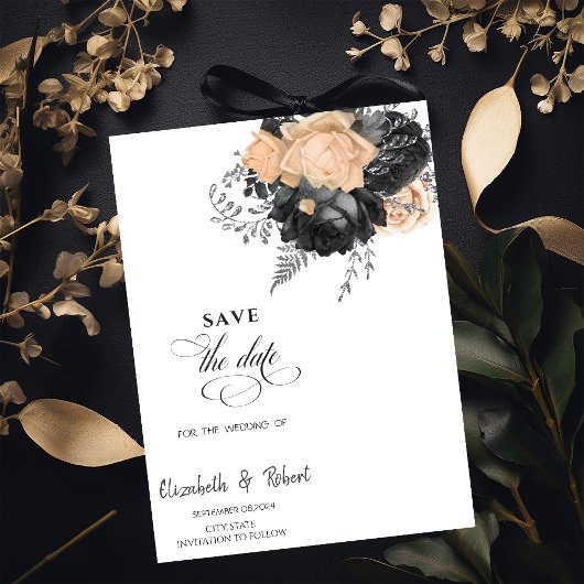 Elegante zwarte bloemen crème bewaar de datum save the date