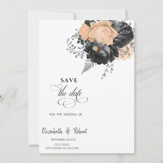 Elegante zwarte bloemen crème bewaar de datum save the date (Voorkant)
