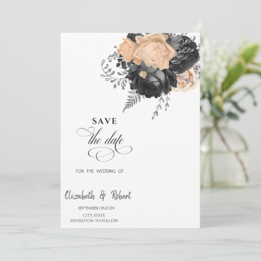 Elegante zwarte bloemen crème bewaar de datum save the date (Staand voorkant)