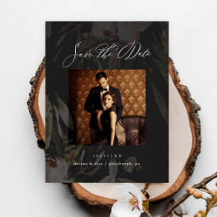 Elegante Zwarte Bloemen Fotobruiloft Save the Date Briefkaart