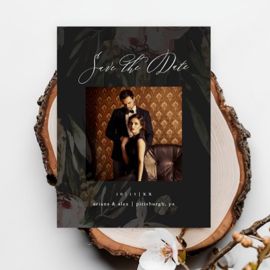 Elegante Zwarte Bloemen Fotobruiloft Save the Date Briefkaart