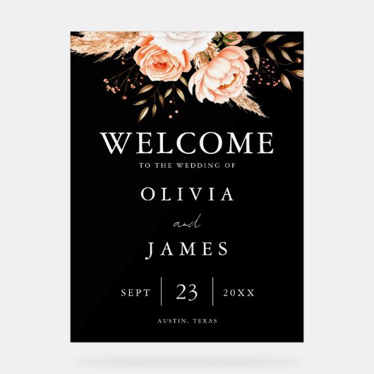Elegante zwarte bloemen herfst bruiloft welkom acryl bord (Voorkant)