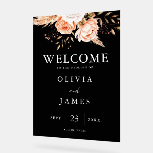 Elegante zwarte bloemen herfst bruiloft welkom acryl bord (Hoek)