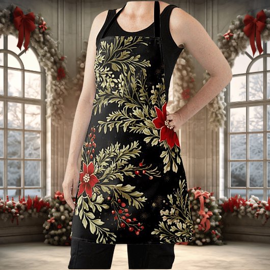 Elegante Zwarte Bloemen Kerst Design Schort