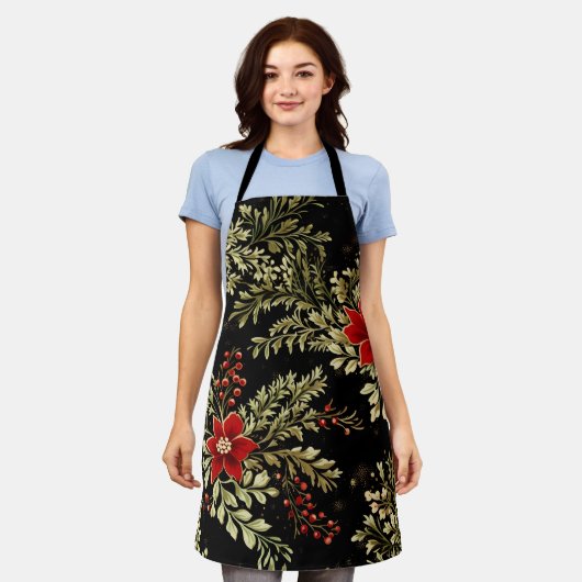 Elegante Zwarte Bloemen Kerst Design Schort (Gedragen)