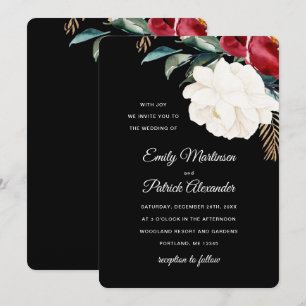 Elegante Zwarte Bloemen Kerstbruiloft Kaart