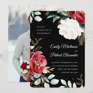 Elegante Zwarte Bloemen Kerstfoto Huwelijk Kaart