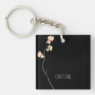 Elegante zwarte bloemen minimalist sleutelhanger