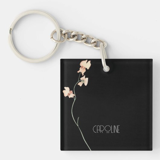 Elegante zwarte bloemen minimalist sleutelhanger (Voorkant)