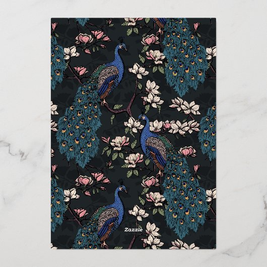 Elegante zwarte bloemen pauw bruiloft folie uitnodiging (Achterkant)