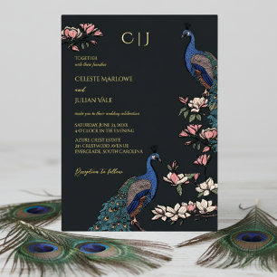 Elegante zwarte bloemen pauw bruiloft folie uitnodiging