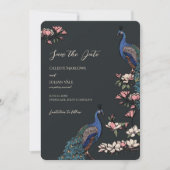 Elegante zwarte bloemen pauw bruiloft save the date (Voorkant)