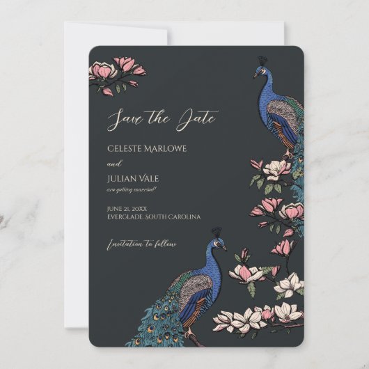 Elegante zwarte bloemen pauw bruiloft save the date (Voorkant)