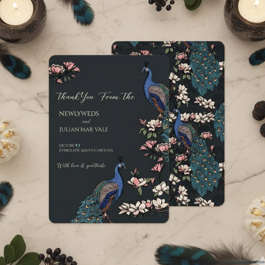 Elegante zwarte bloemen pauw bruiloft save the date