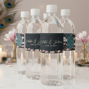 Elegante zwarte bloemen pauw bruiloft waterfles etiket