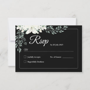 Elegante zwarte bloemen RSVP-kaart met witte lelie Bedankkaart